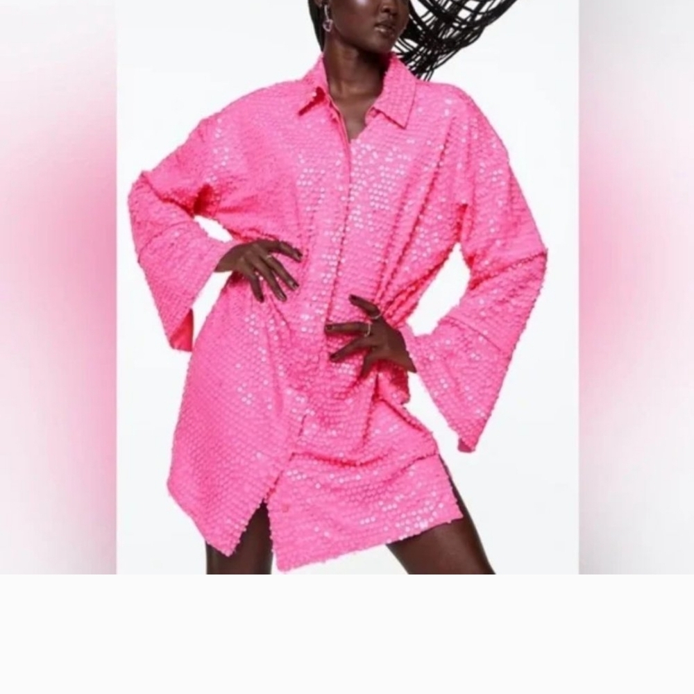 H&M Hot Pink Sequin Shirt Dress